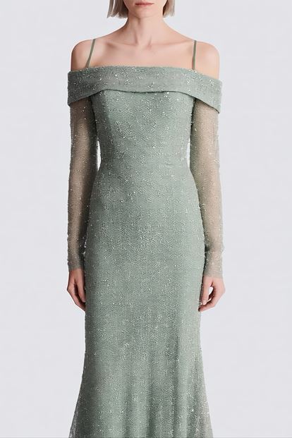 Mint Kayık Yaka Işıltılı Abiye Elbise